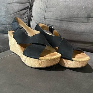 Clarks Artisan Wedge Sandals Womens 10 Black Suede Leather Cork Platform